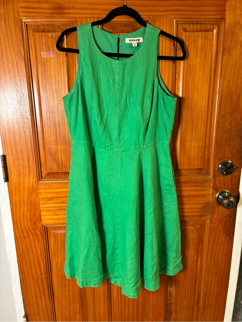 Boden Carla Linen Green Sleeveless Fit-and-Flare Dress Shift with Pockets Sz 8